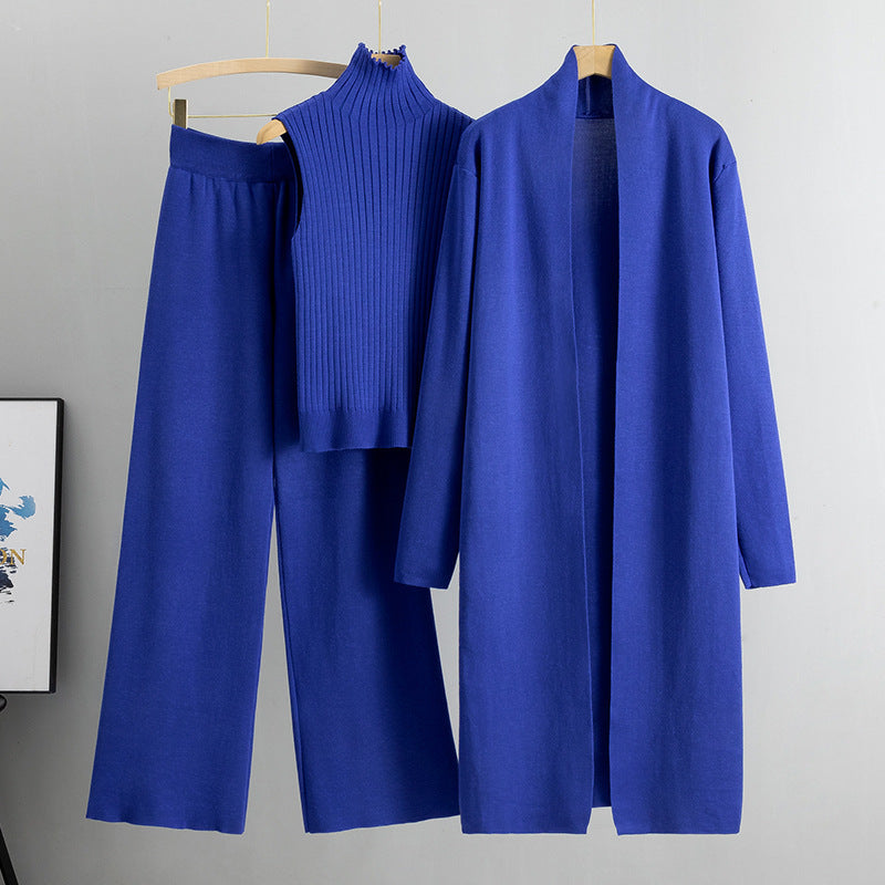 Ensemble 3 pièces femme : gilet sans manches, cardigan long et pantalon large en tricot