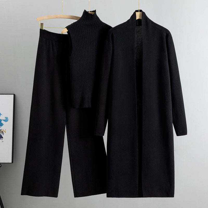 Ensemble 3 pièces femme : gilet sans manches, cardigan long et pantalon large en tricot