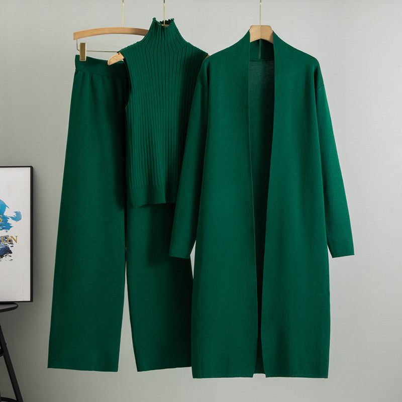 Ensemble 3 pièces femme : gilet sans manches, cardigan long et pantalon large en tricot