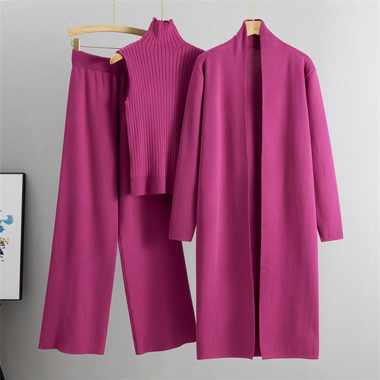 Ensemble 3 pièces femme : gilet sans manches, cardigan long et pantalon large en tricot