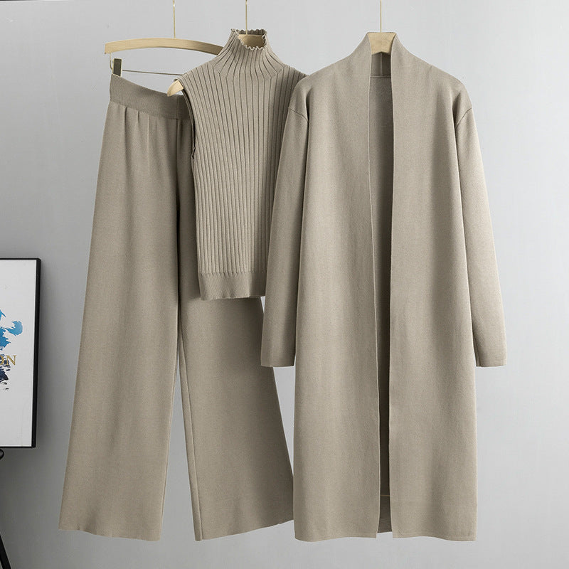 Ensemble 3 pièces femme : gilet sans manches, cardigan long et pantalon large en tricot
