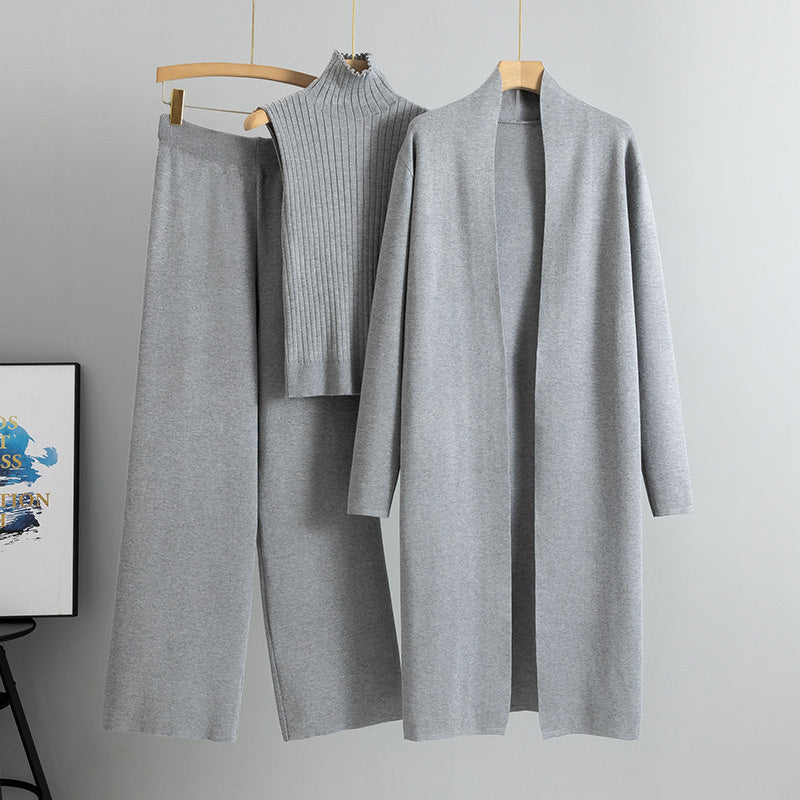 Ensemble 3 pièces femme : gilet sans manches, cardigan long et pantalon large en tricot