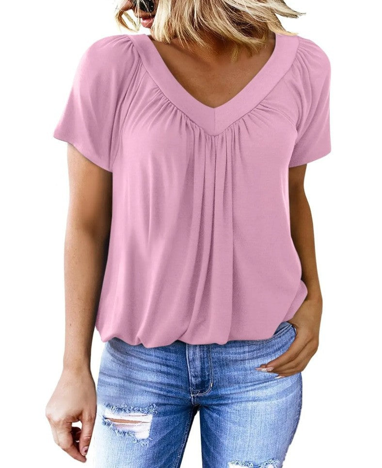 BÉLINA | T-shirt Femme Uni à Manches Courtes et Col en V