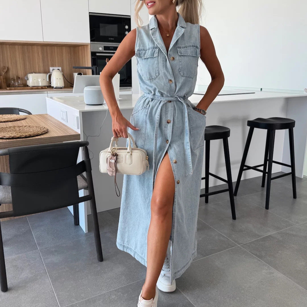 Denim Élégance | Robe Longue Ceinturée Sans Manches
