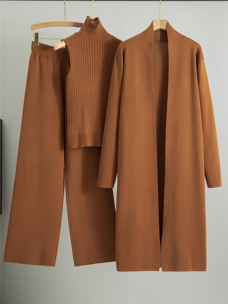 Ensemble 3 pièces femme : gilet sans manches, cardigan long et pantalon large en tricot