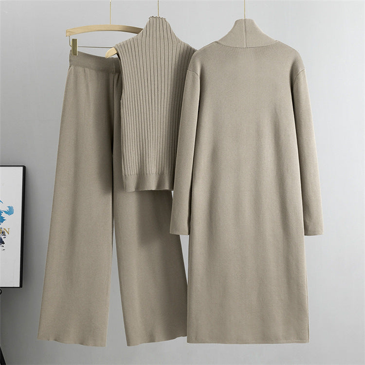 Ensemble 3 pièces femme : gilet sans manches, cardigan long et pantalon large en tricot