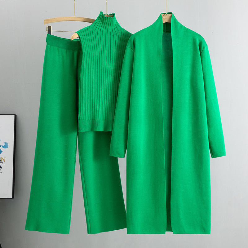 Ensemble 3 pièces femme : gilet sans manches, cardigan long et pantalon large en tricot