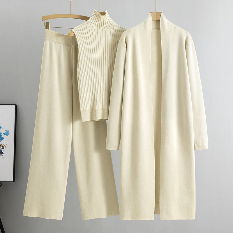 Ensemble 3 pièces femme : gilet sans manches, cardigan long et pantalon large en tricot