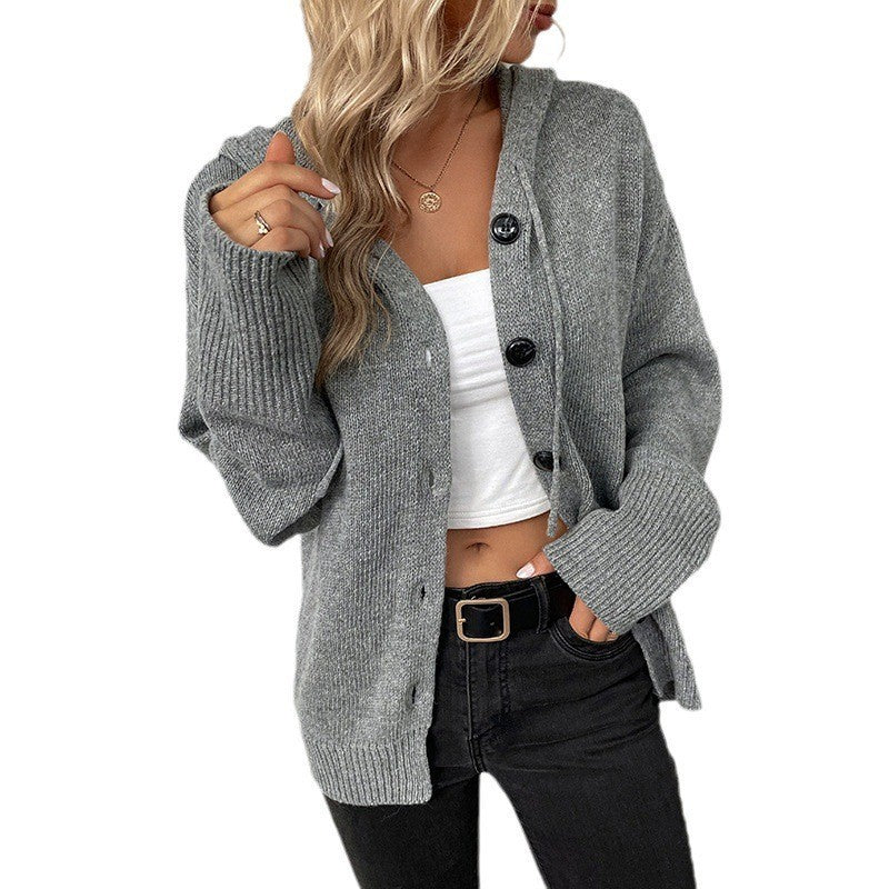 Manteau cardigan tricoté à cordon et pull à capuche à simple boutonnage pour femme