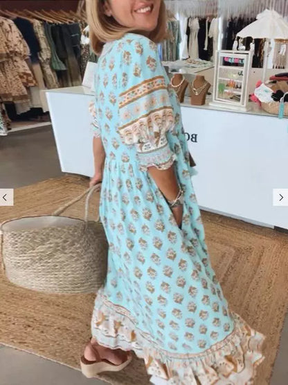 Vidéa | Robe Imprimée à Col en V et Manches Lanternes