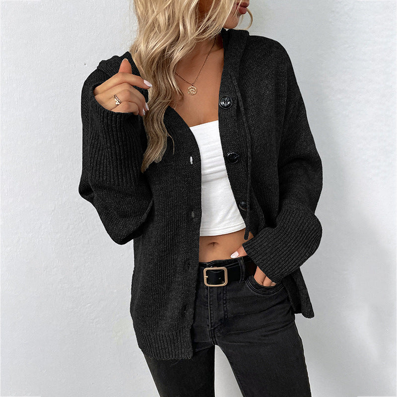 Manteau cardigan tricoté à cordon et pull à capuche à simple boutonnage pour femme