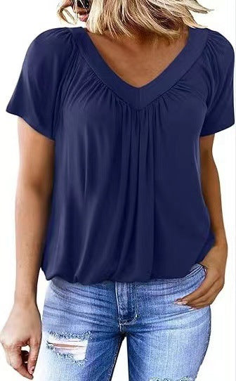 BÉLINA | T-shirt Femme Uni à Manches Courtes et Col en V