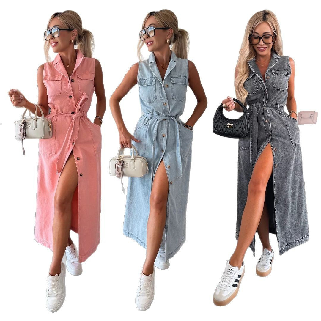 Denim Élégance | Robe Longue Ceinturée Sans Manches