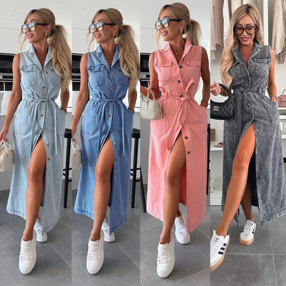 Denim Élégance | Robe Longue Ceinturée Sans Manches