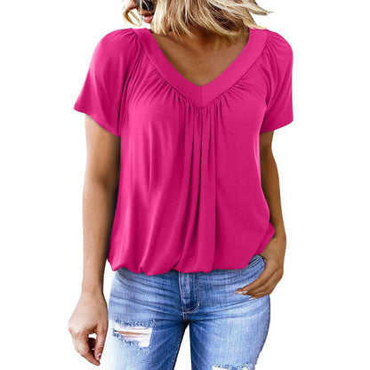 BÉLINA | T-shirt Femme Uni à Manches Courtes et Col en V