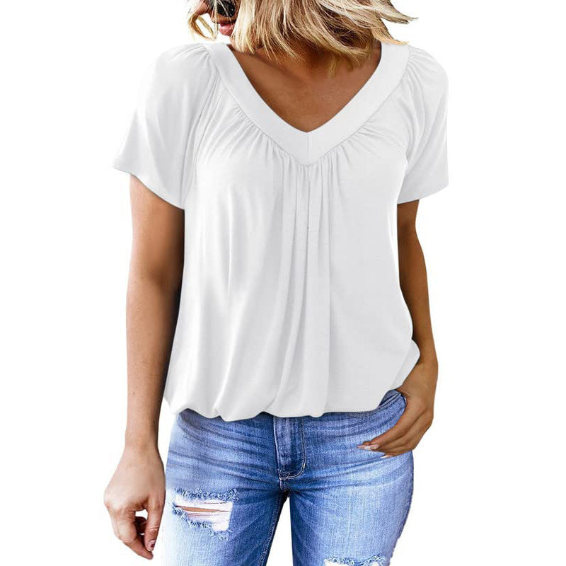 BÉLINA | T-shirt Femme Uni à Manches Courtes et Col en V