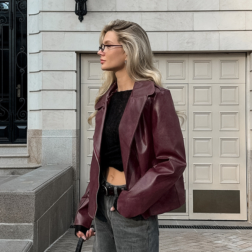 Veste blazer en similicuir rouge bordeaux