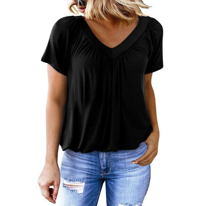BÉLINA | T-shirt Femme Uni à Manches Courtes et Col en V