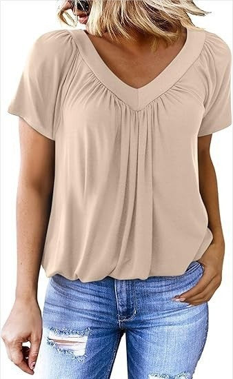 BÉLINA | T-shirt Femme Uni à Manches Courtes et Col en V