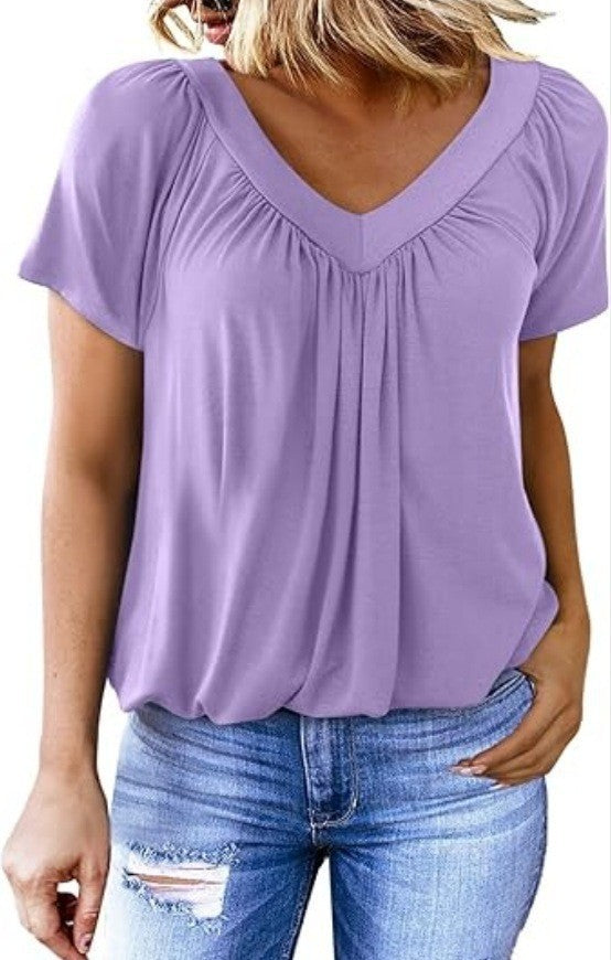 BÉLINA | T-shirt Femme Uni à Manches Courtes et Col en V