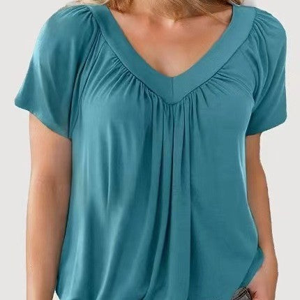 BÉLINA | T-shirt Femme Uni à Manches Courtes et Col en V