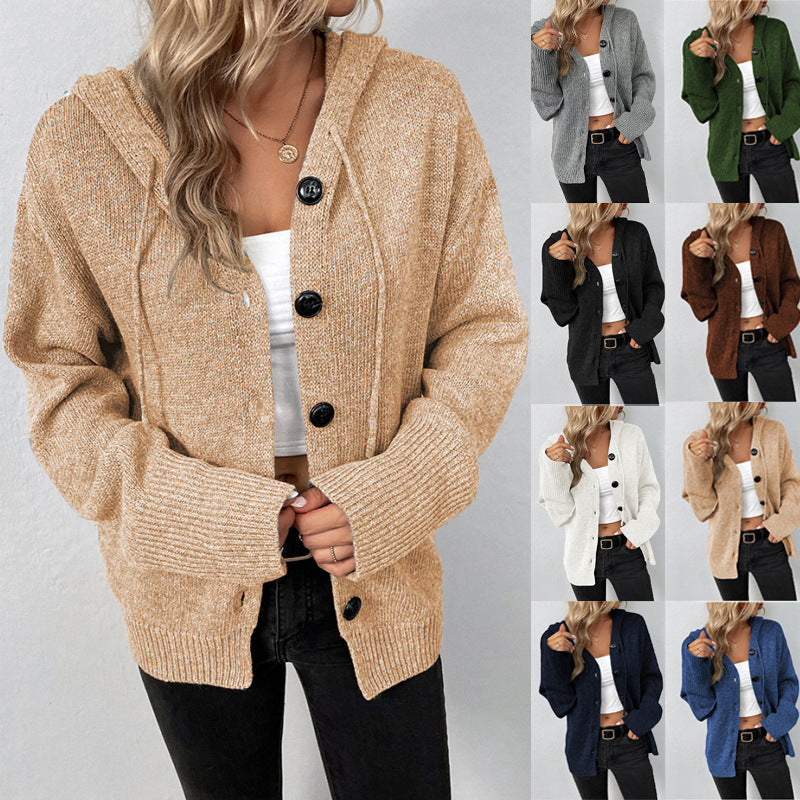 Manteau cardigan tricoté à cordon et pull à capuche à simple boutonnage pour femme